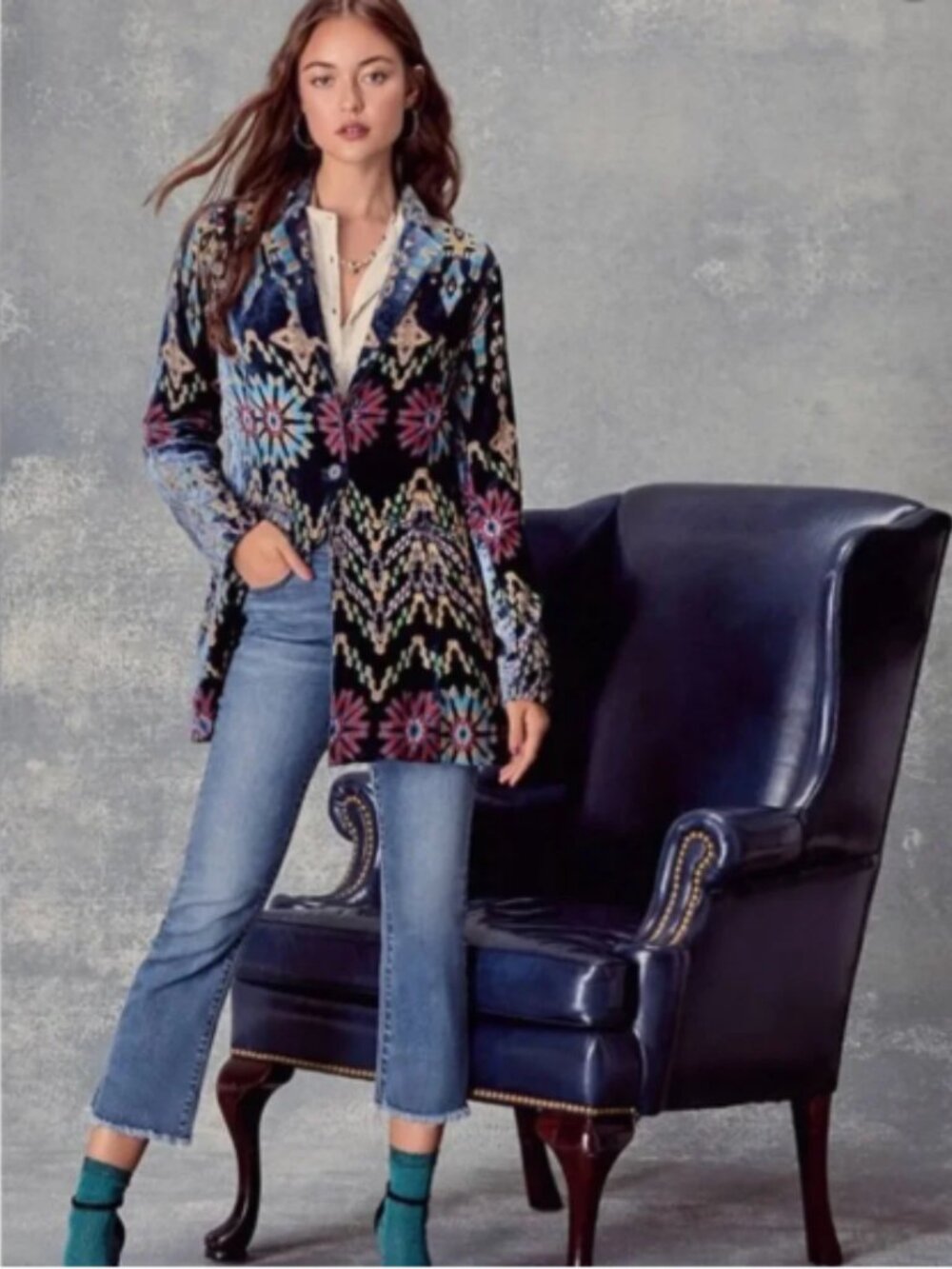 Johnny Was Alika Geometric Silk Lined Blazer Jacket Boho Luxe Size M‎